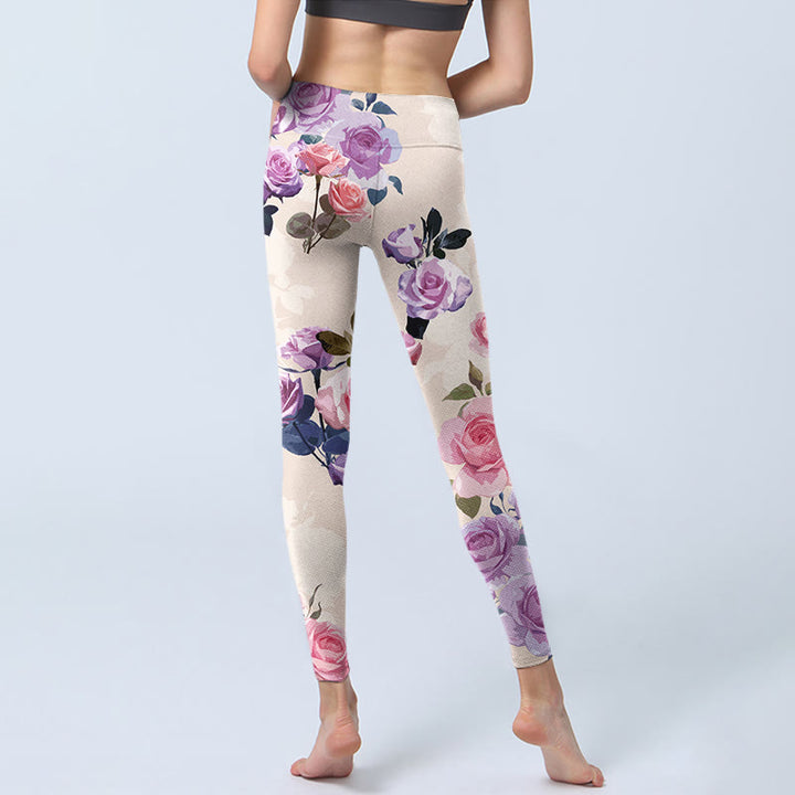 Pantalon de yoga pour femme avec legging de sport à imprimé fleurs de roses beiges Buddha Stones - image 7