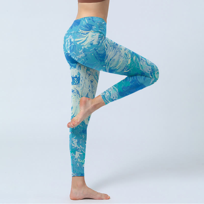 Leggings de sport imprimés Buddha Stones Blue Abstract Oil Paint Water Pattern Pantalon de yoga pour femme - image 4