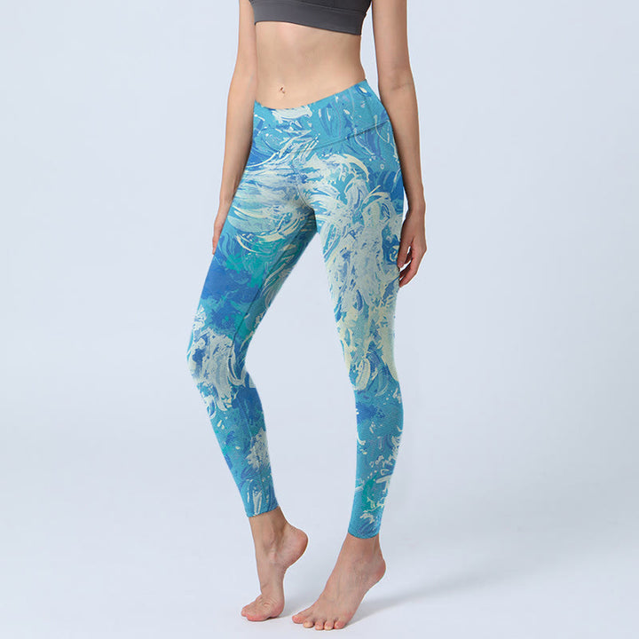 Leggings de sport imprimés Buddha Stones Blue Abstract Oil Paint Water Pattern Pantalon de yoga pour femme - Bleu ciel profond - US18，UK/AU22，EU50 (4XL) - image 1