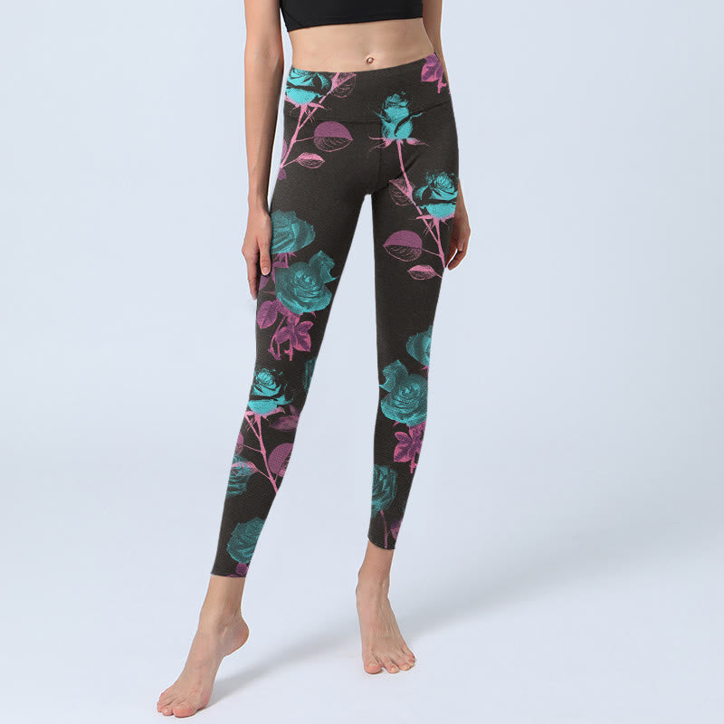 Leggings de sport à imprimé feuilles de roses noires Buddha Stones Pantalon de yoga pour femme - image 5