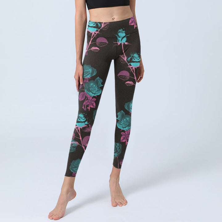 Leggings de sport à imprimé feuilles de roses noires Buddha Stones Pantalon de yoga pour femme - image 5