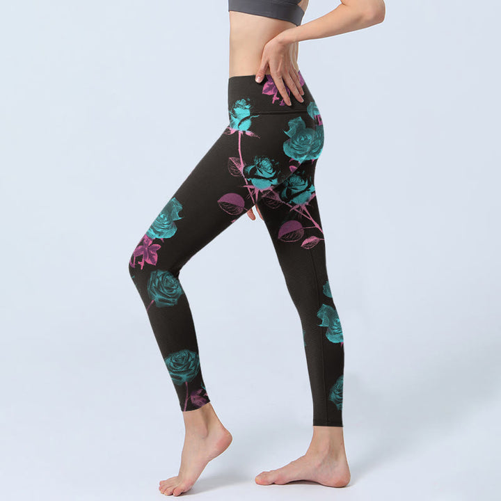 Leggings de sport à imprimé feuilles de roses noires Buddha Stones Pantalon de yoga pour femme - image 2