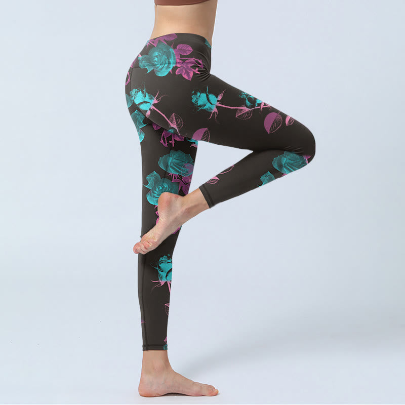 Leggings de sport à imprimé feuilles de roses noires Buddha Stones Pantalon de yoga pour femme - image 3