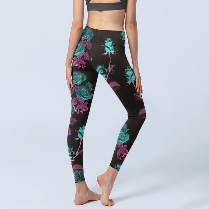 Leggings de sport à imprimé feuilles de roses noires Buddha Stones Pantalon de yoga pour femme - image 4