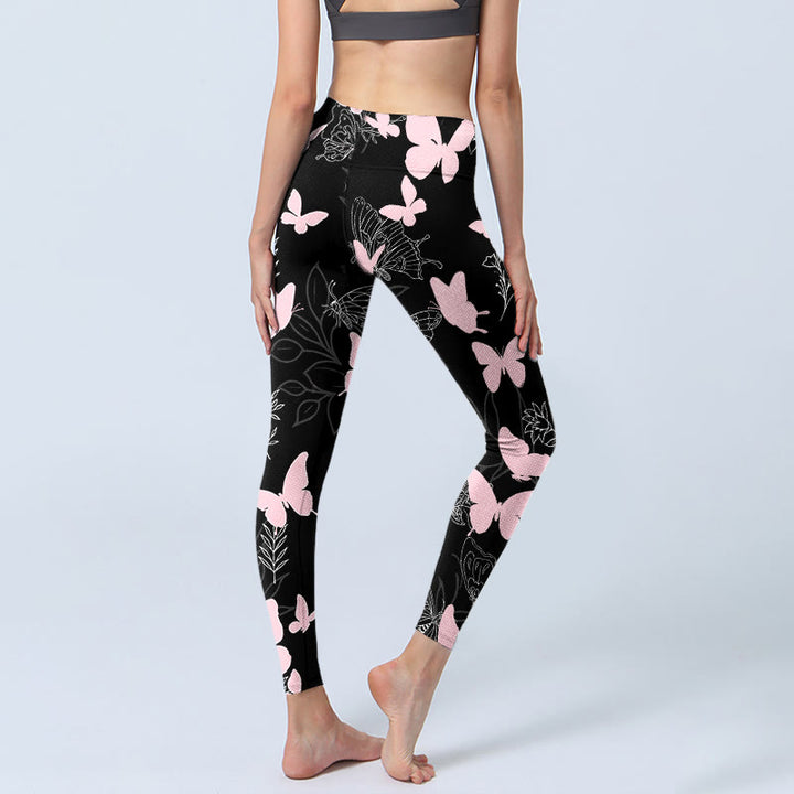 Leggings de sport à imprimé Buddha Stones Black Butterfly Plant Lines Pantalon de yoga pour femme - image 4