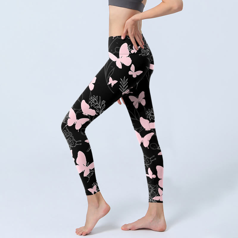 Leggings de sport à imprimé Buddha Stones Black Butterfly Plant Lines Pantalon de yoga pour femme - image 3