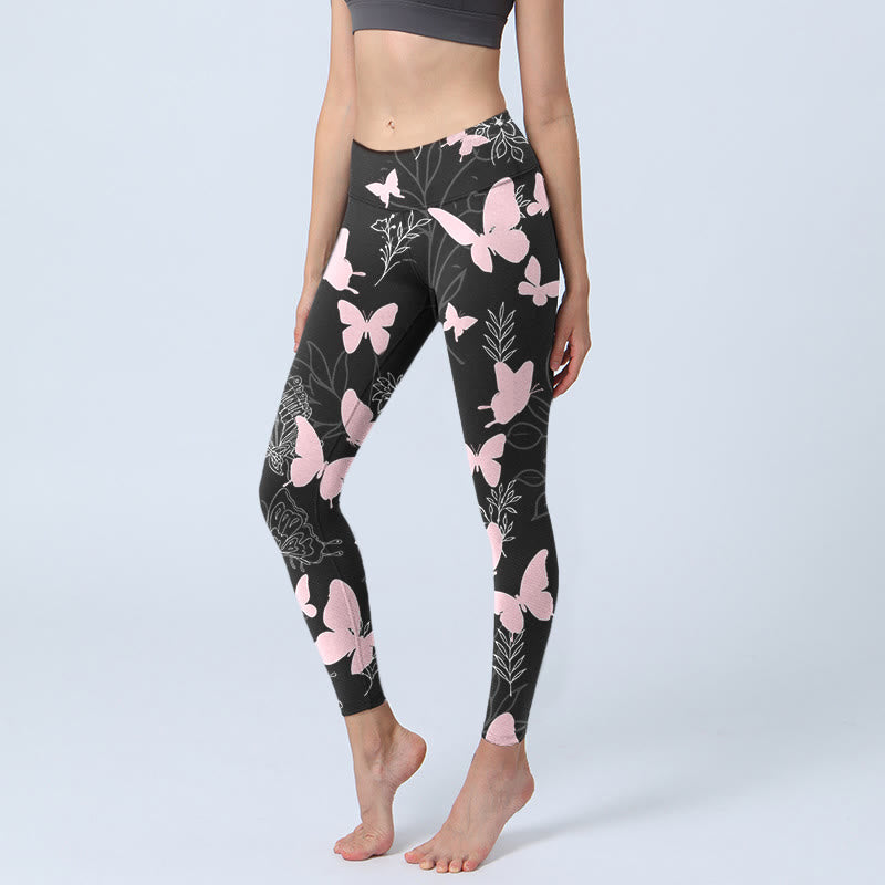 Leggings de sport à imprimé Buddha Stones Black Butterfly Plant Lines Pantalon de yoga pour femme - Noir - US18，UK/AU22，EU50 (4XL) - image 1