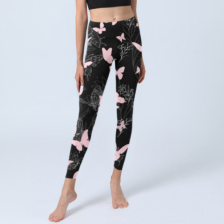 Leggings de sport à imprimé Buddha Stones Black Butterfly Plant Lines Pantalon de yoga pour femme - image 5