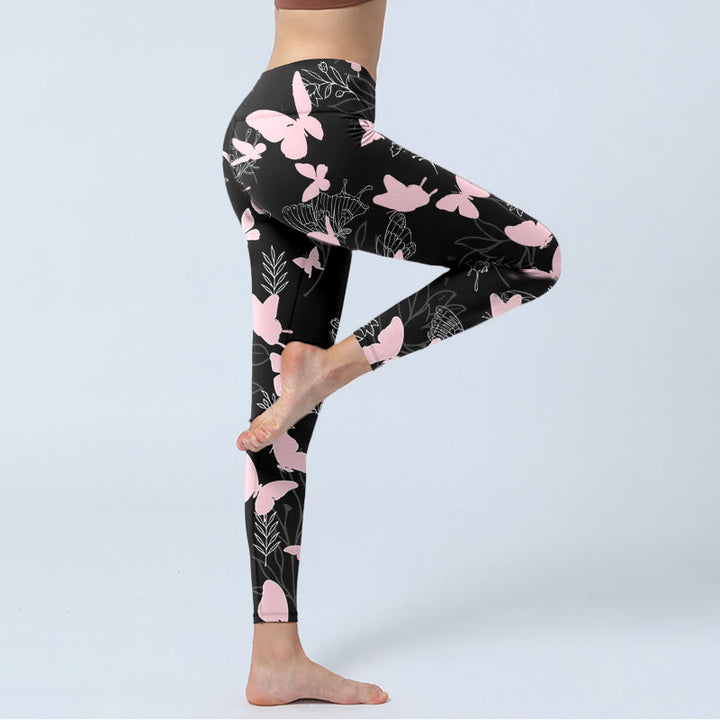 Leggings de sport à imprimé Buddha Stones Black Butterfly Plant Lines Pantalon de yoga pour femme - image 4