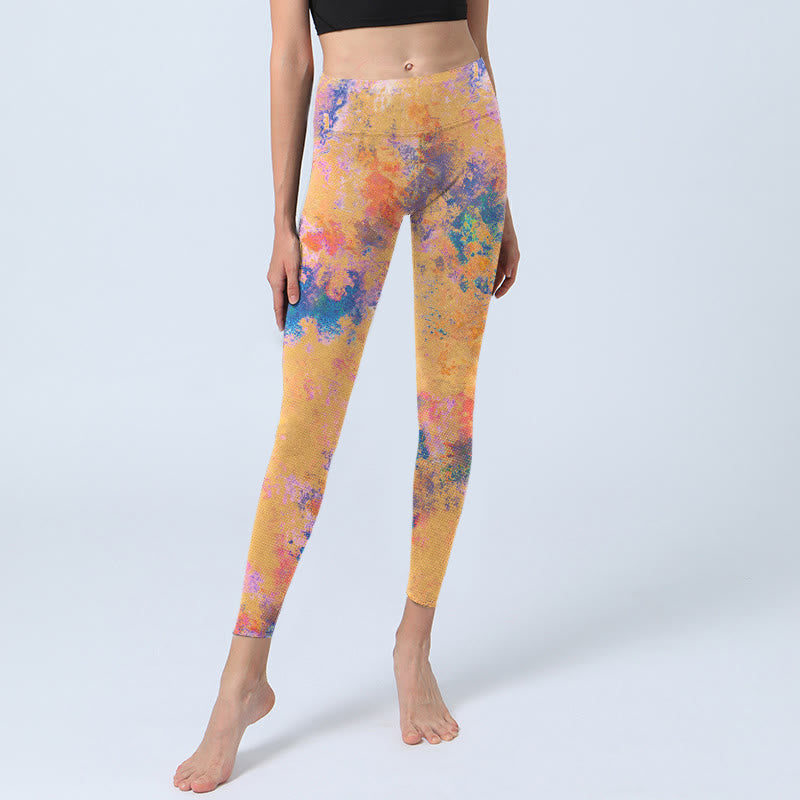 Leggings de sport à imprimé aquarelle abstrait jaune vif avec Buddha Stones Pantalon de yoga pour femme - image 5
