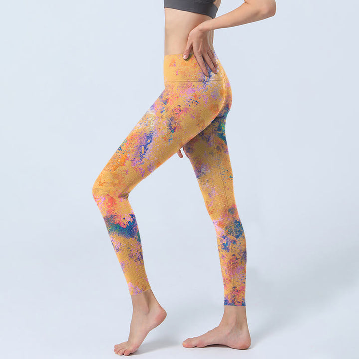 Leggings de sport à imprimé aquarelle abstrait jaune vif avec Buddha Stones Pantalon de yoga pour femme - image 3