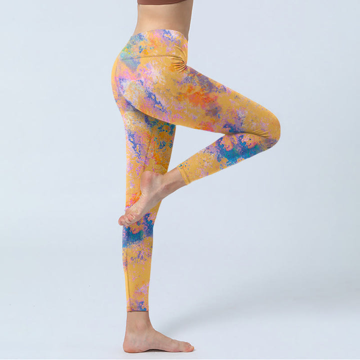 Leggings de sport à imprimé aquarelle abstrait jaune vif avec Buddha Stones Pantalon de yoga pour femme - image 4