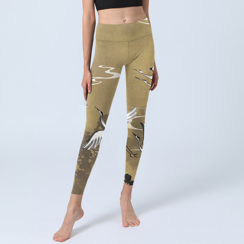 Leggings de sport à imprimé Buddha Stones, arbres, nuages, grue à couronne rouge, pantalons de yoga pour femmes - image 6