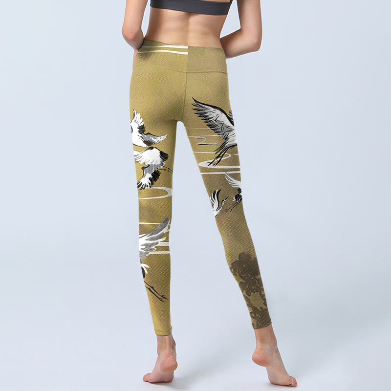 Leggings de sport à imprimé Buddha Stones, arbres, nuages, grue à couronne rouge, pantalons de yoga pour femmes - image 7