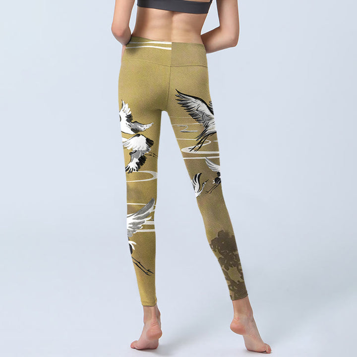 Leggings de sport à imprimé Buddha Stones, arbres, nuages, grue à couronne rouge, pantalons de yoga pour femmes - image 7