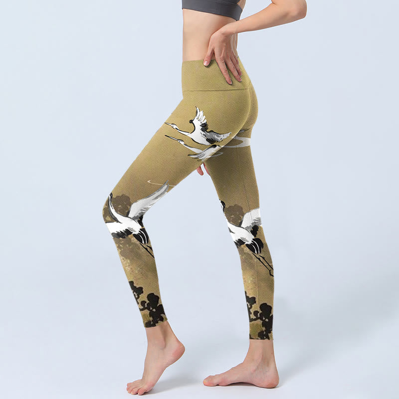 Leggings de sport à imprimé Buddha Stones, arbres, nuages, grue à couronne rouge, pantalons de yoga pour femmes - image 3