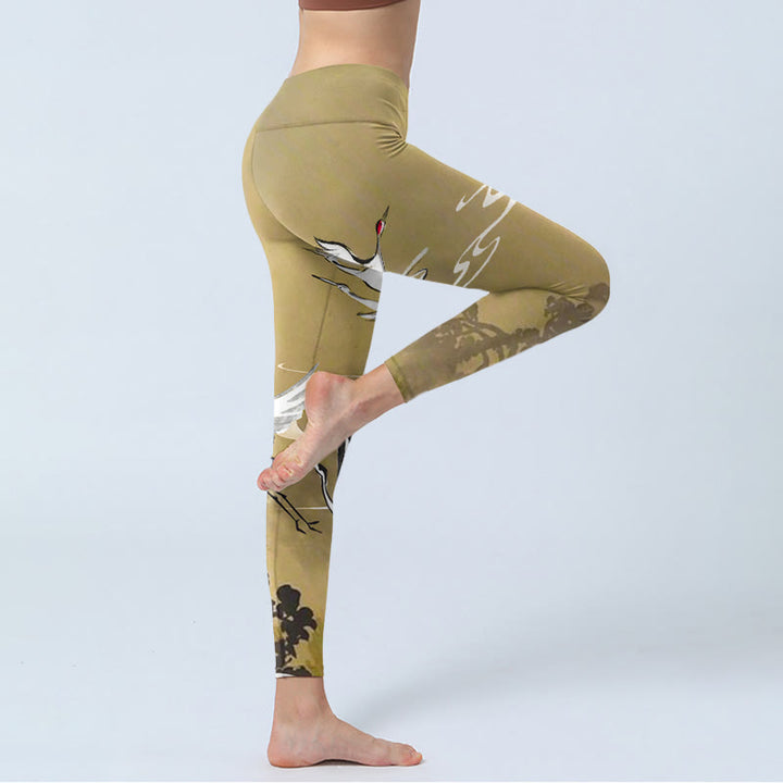 Leggings de sport à imprimé Buddha Stones, arbres, nuages, grue à couronne rouge, pantalons de yoga pour femmes - image 4