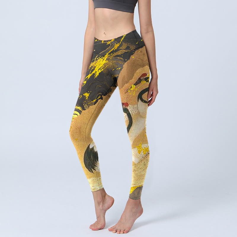 Leggings de sport à imprimé Buddha Stones Rock Pine Tree Red-crowned Crane Pantalon de yoga pour femme - verge d'or - US18，UK/AU22，EU50 (4XL) - image 0