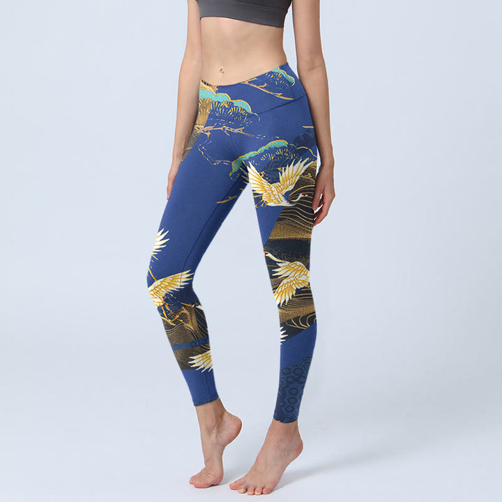 Leggings de sport à imprimé Buddha Stones Mountain Temple Red Crowned Crane Pantalon de yoga pour femme - Bleu foncé - US18，UK/AU22，EU50 (4XL) - image 0