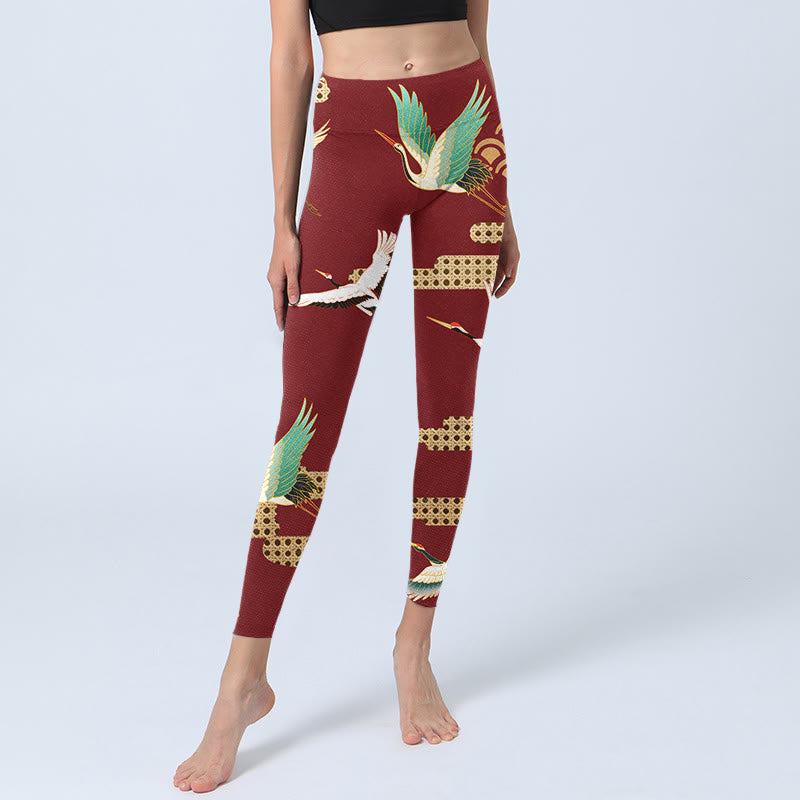 Leggings de sport à imprimé grue couronnée rouge et nuages ​​Buddha Stones Pantalon de yoga pour femme - image 6