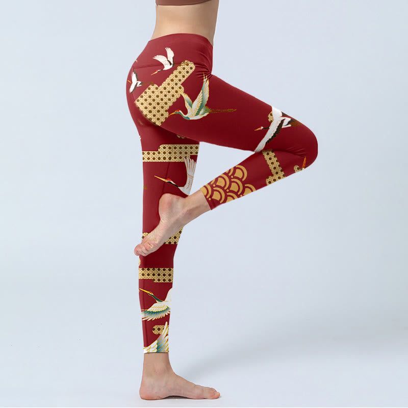 Leggings de sport à imprimé grue couronnée rouge et nuages ​​Buddha Stones Pantalon de yoga pour femme - image 4