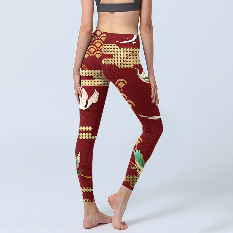 Leggings de sport à imprimé grue couronnée rouge et nuages ​​Buddha Stones Pantalon de yoga pour femme - image 5