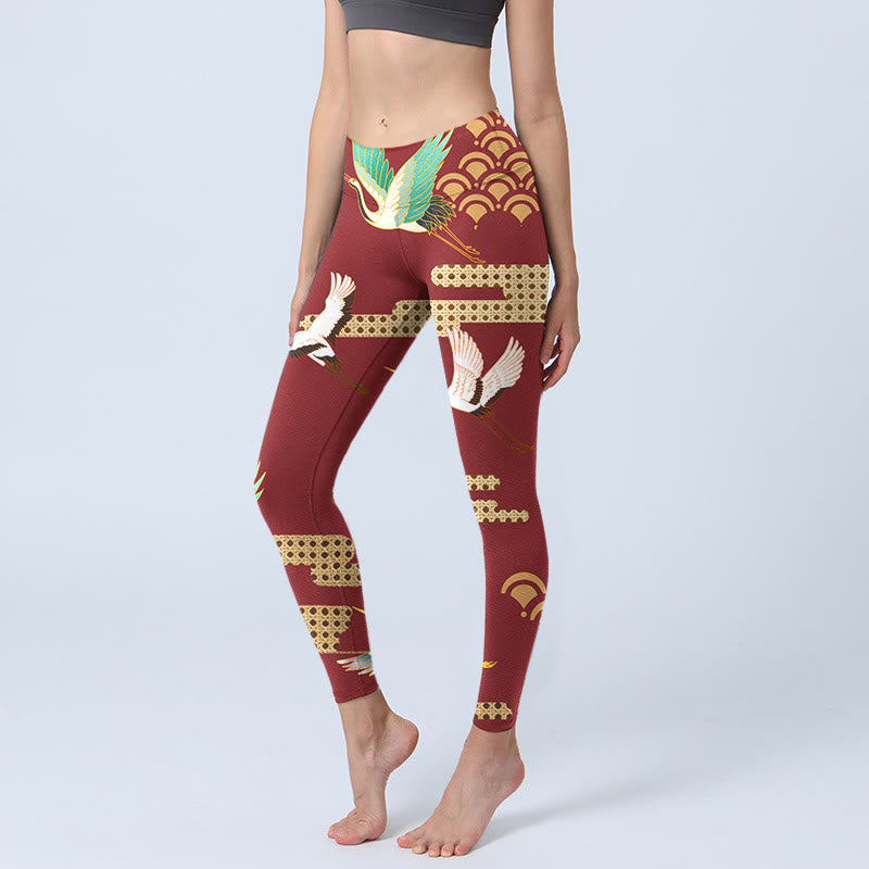 Leggings de sport à imprimé grue couronnée rouge et nuages ​​Buddha Stones Pantalon de yoga pour femme - Brique réfractaire - US18，UK/AU22，EU50 (4XL) - image 1