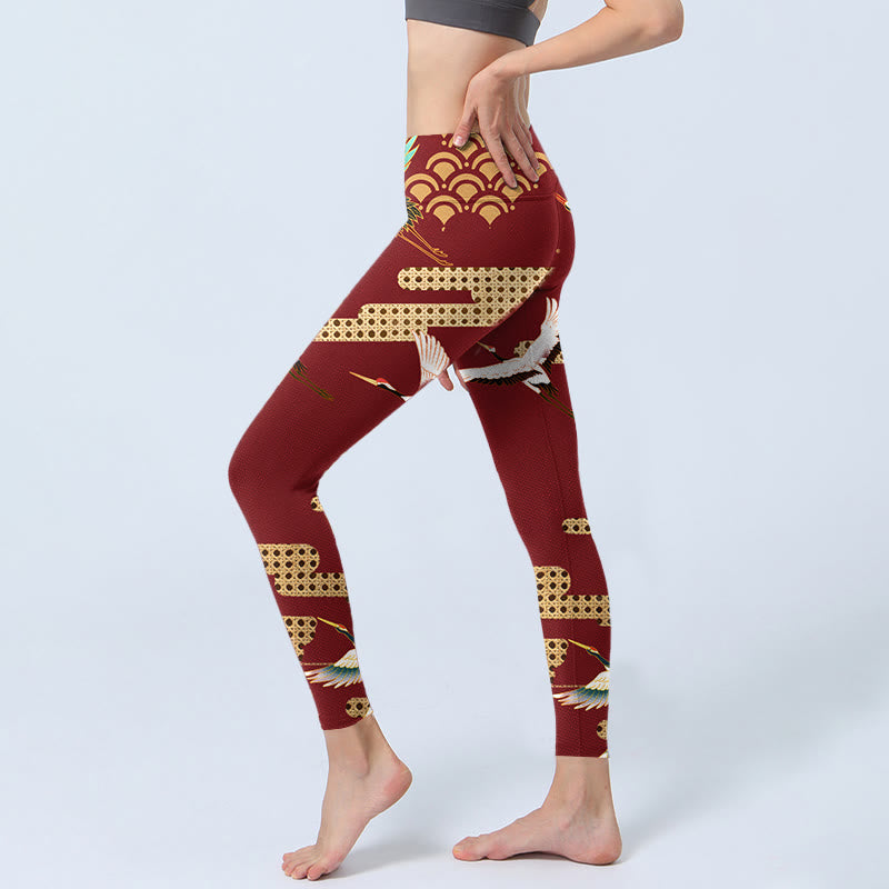 Leggings de sport à imprimé grue couronnée rouge et nuages ​​Buddha Stones Pantalon de yoga pour femme - image 3
