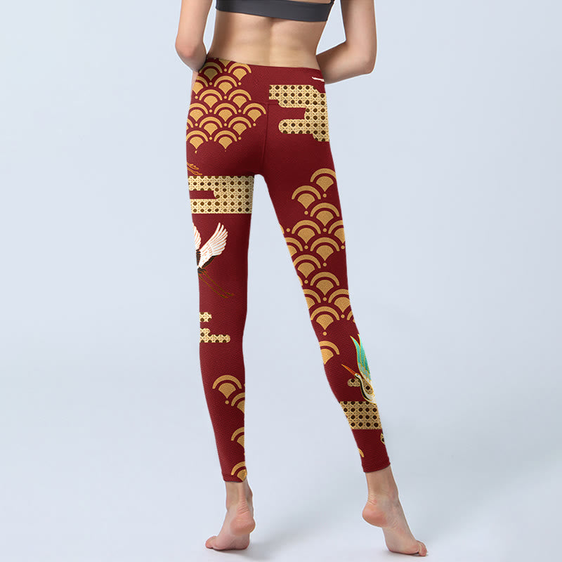 Leggings de sport à imprimé grue couronnée rouge et nuages ​​Buddha Stones Pantalon de yoga pour femme - image 7