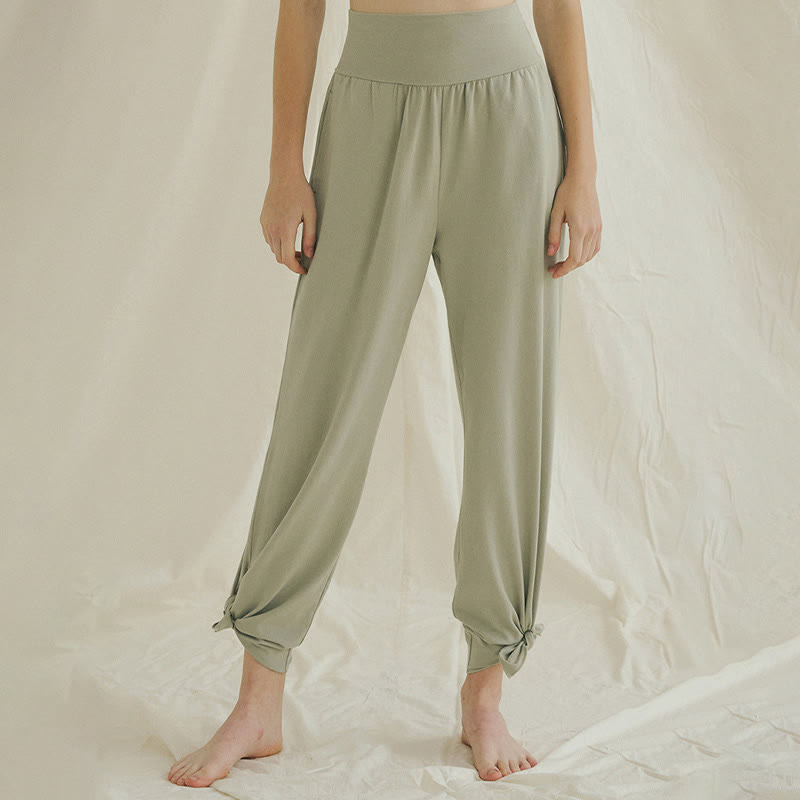 Pantalon Leica décontracté ample à ourlet noué et taille haute pour femme avec poches Buddha Stones - Vert clair - US4，UK/AU8，EU36 (L) - image 1