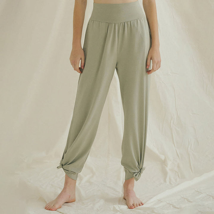 Pantalon Leica décontracté ample à ourlet noué et taille haute pour femme avec poches Buddha Stones - Vert clair - US4，UK/AU8，EU36 (L) - image 1