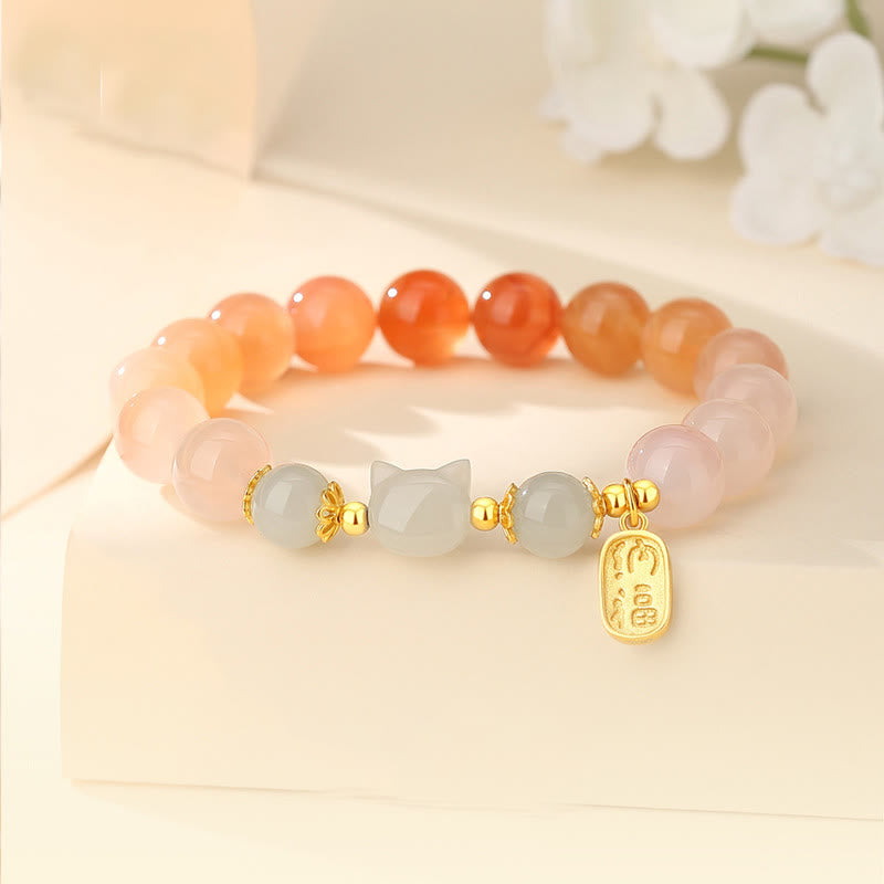 Bracelet de confiance en argent sterling 925 avec Buddha Stones et jade Hetian en agate rouge avec personnage de chat Fu - Agate rouge (tour de poignet : 15-17 cm) - image 1