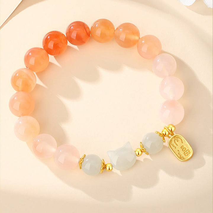Bracelet de confiance en argent sterling 925 avec Buddha Stones et jade Hetian en agate rouge avec personnage de chat Fu - image 1