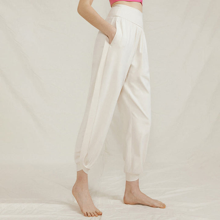 Pantalon décontracté uni taille haute en coton à séchage rapide avec poches pour femme Buddha Stones - Ivoire - US4，UK/AU8，EU36 (L) - image 0