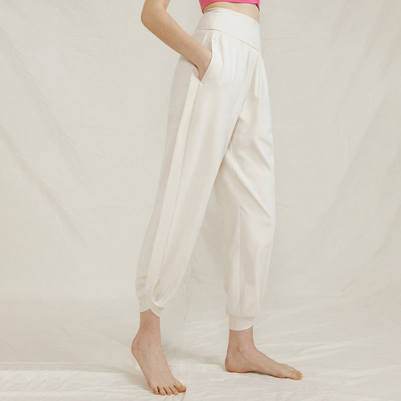 Pantalon décontracté uni taille haute en coton à séchage rapide avec poches pour femme Buddha Stones - Ivoire - US4，UK/AU8，EU36 (L) - image 1