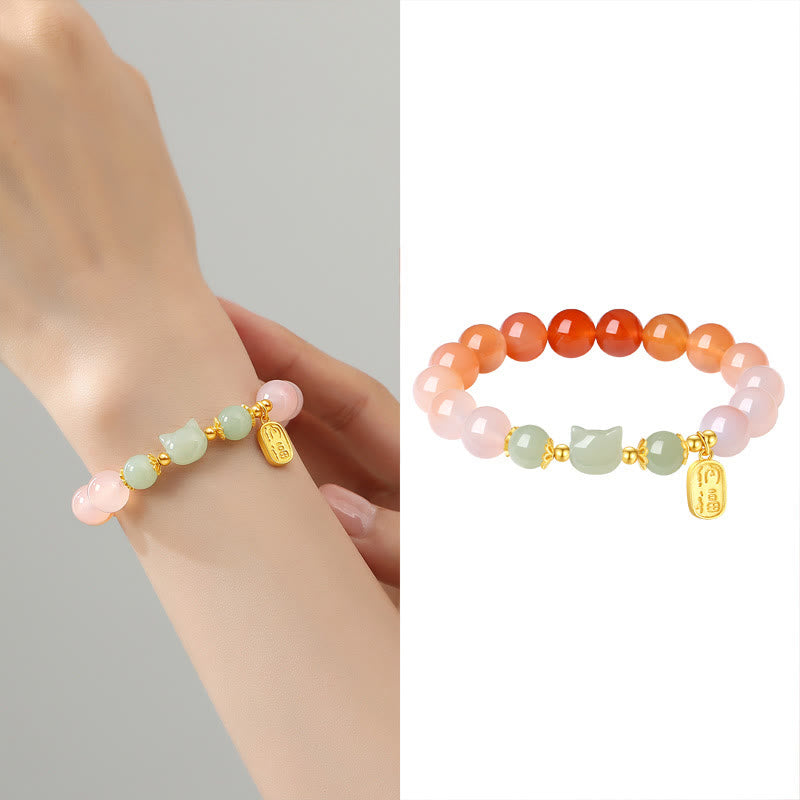 Bracelet de confiance en argent sterling 925 avec Buddha Stones et jade Hetian en agate rouge avec personnage de chat Fu - image 9