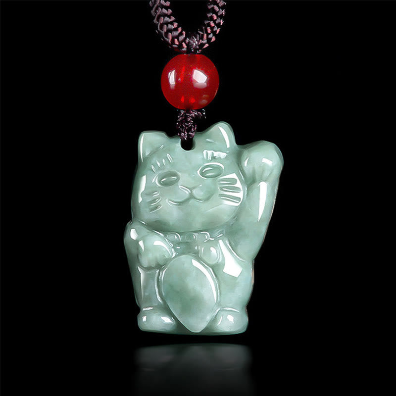 Collier pendentif en jade porte-bonheur Buddha Stones et chat porte-bonheur - Haricot Vert Jade - image 1
