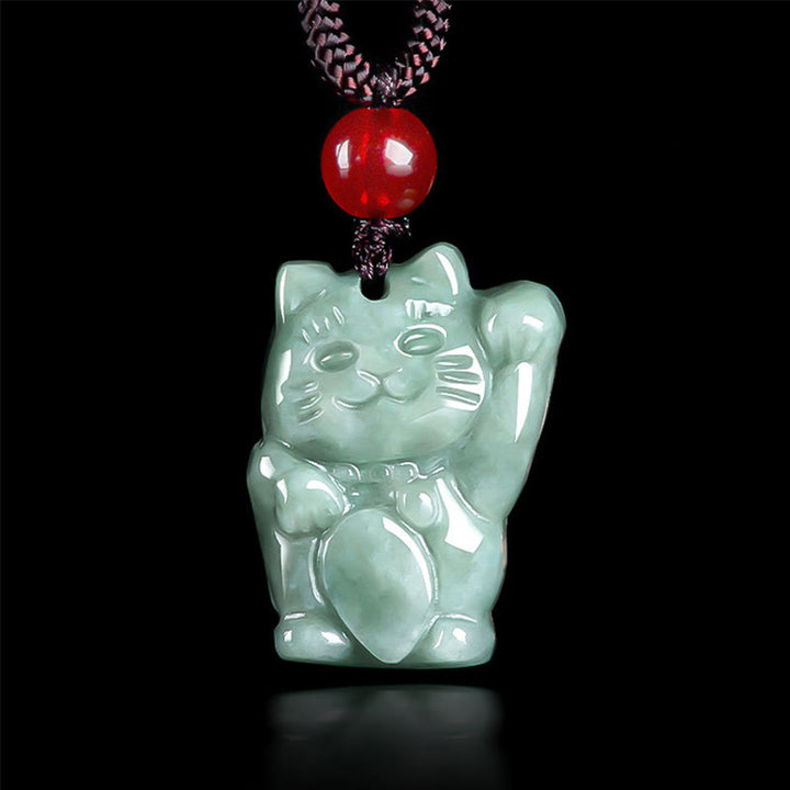 Collier pendentif en jade porte-bonheur Buddha Stones et chat porte-bonheur - Haricot Vert Jade - image 1