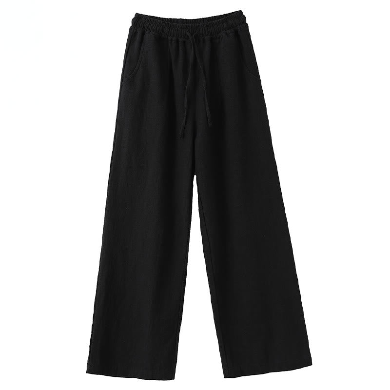 Pantalon large Buddha Stones uni ample à jambe droite en coton ramie pour femme avec poches