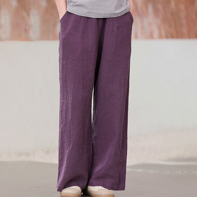Pantalon large Buddha Stones uni ample à jambe droite en coton ramie pour femme avec poches