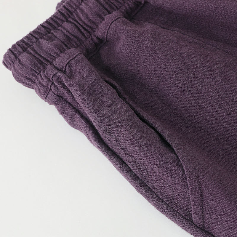 Pantalon large Buddha Stones uni ample à jambe droite en coton ramie pour femme avec poches