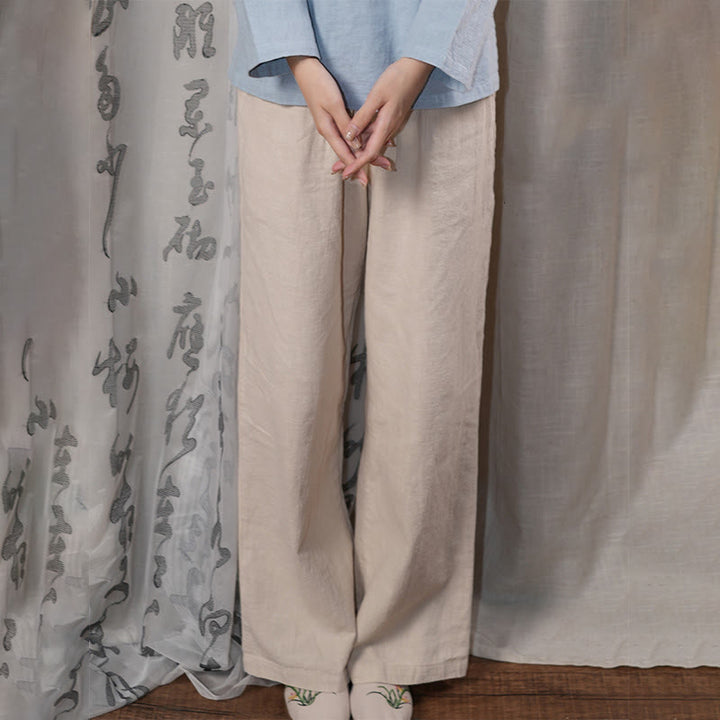 Pantalon large Buddha Stones uni ample à jambe droite en coton ramie pour femme avec poches