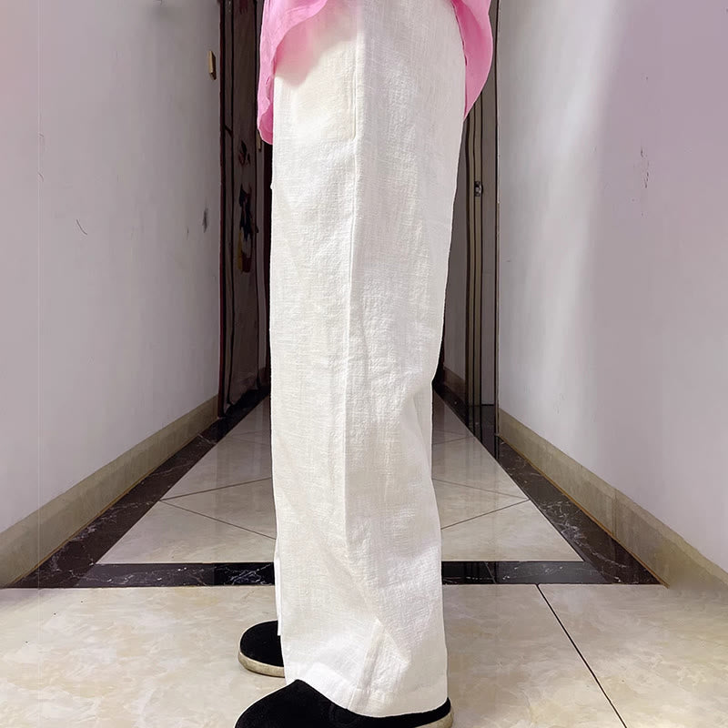 Pantalon large Buddha Stones uni ample à jambe droite en coton ramie pour femme avec poches