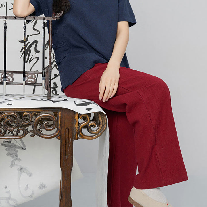 Pantalon large Buddha Stones uni ample à jambe droite en coton ramie pour femme avec poches