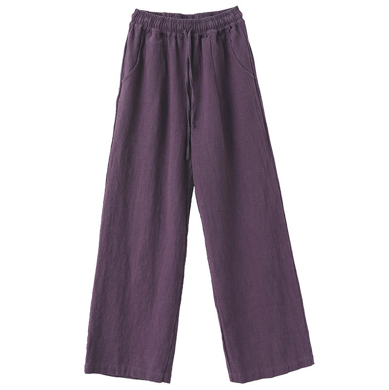 Pantalon large Buddha Stones uni ample à jambe droite en coton ramie pour femme avec poches