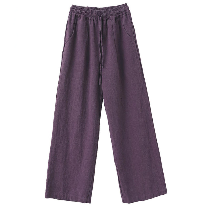 Pantalon large Buddha Stones uni ample à jambe droite en coton ramie pour femme avec poches