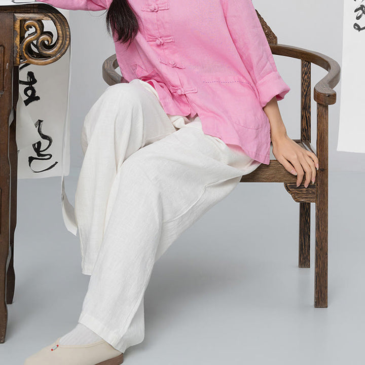 Pantalon large Buddha Stones uni ample à jambe droite en coton ramie pour femme avec poches