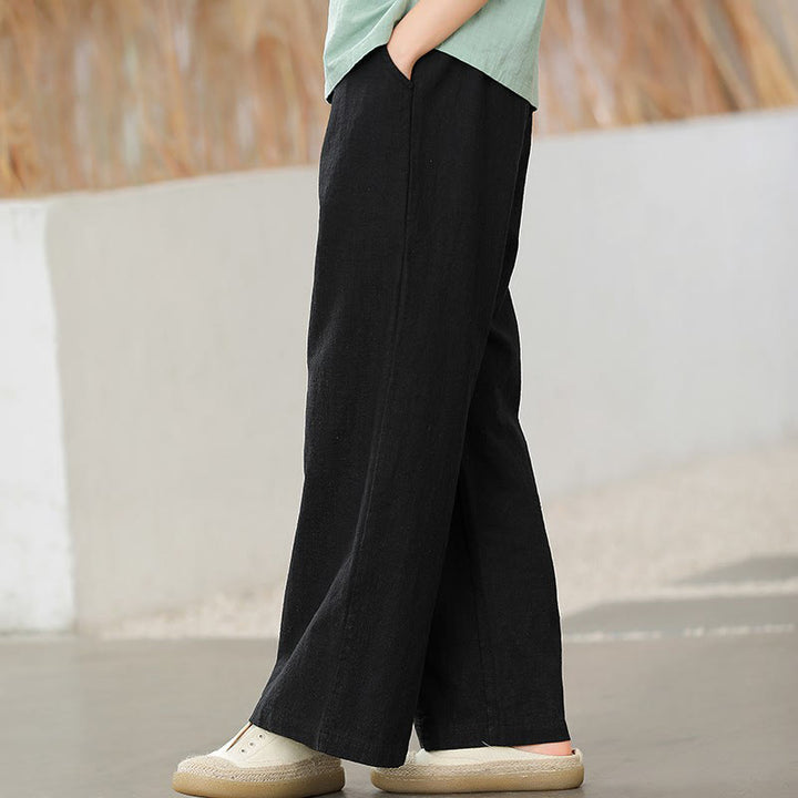 Pantalon large Buddha Stones uni ample à jambe droite en coton ramie pour femme avec poches