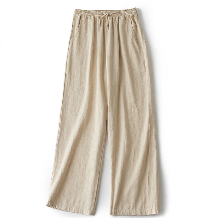 Pantalon large Buddha Stones uni ample à jambe droite en coton ramie pour femme avec poches