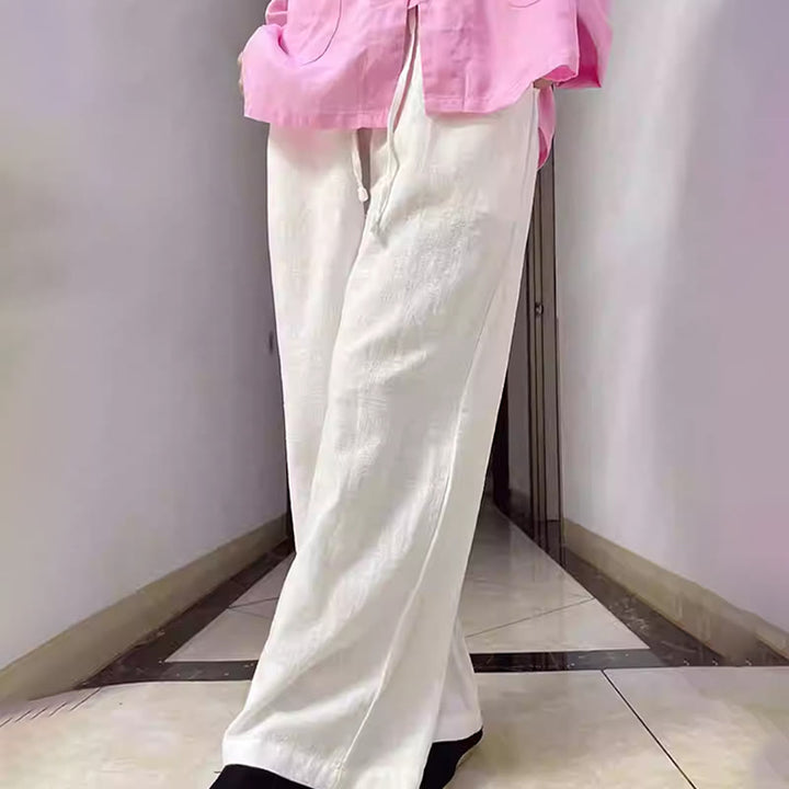 Pantalon large Buddha Stones uni ample à jambe droite en coton ramie pour femme avec poches